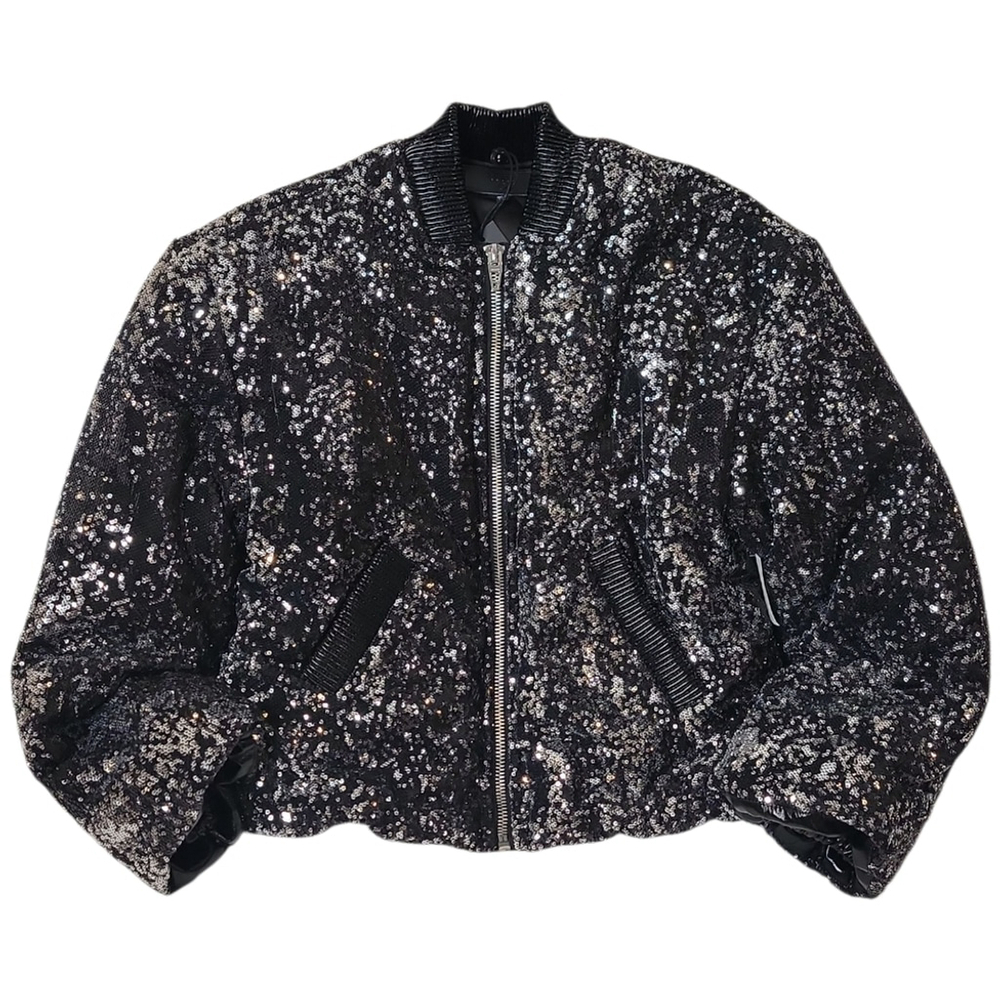 $140 NWT BLANK NYC Black & Silver Sequined Bomber Puffer Oversized XS
